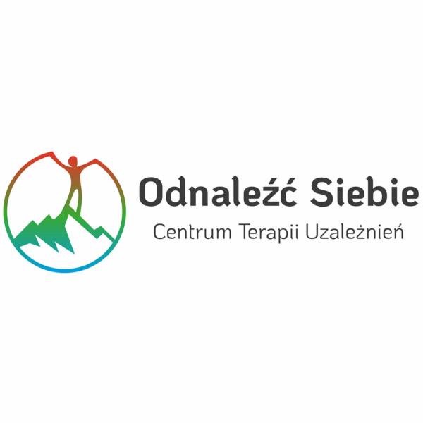 Logo centrum z sylwetką wspinacza na tle gór w okręgu, z gradientem kolorów i napisem 'Odnaleźć Siebie. Centrum Terapii Uzależnień'.