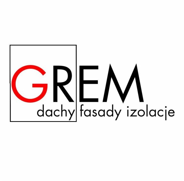 Minimalistyczne logo firmy GREM z czerwonym 'G' w kwadracie, oferującej dachy, fasady i izolacje. Czcionka prosta, nowoczesna, na białym tle.