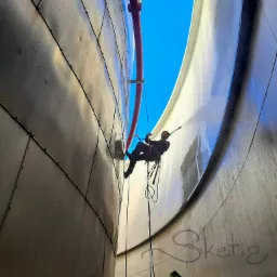 Pracownik zabezpieczony linami, myje ciśnieniowo wysoką, metalową konstrukcję zbiornika z widocznymi łączeniami segmentów, widok z dołu na błękitne niebo.