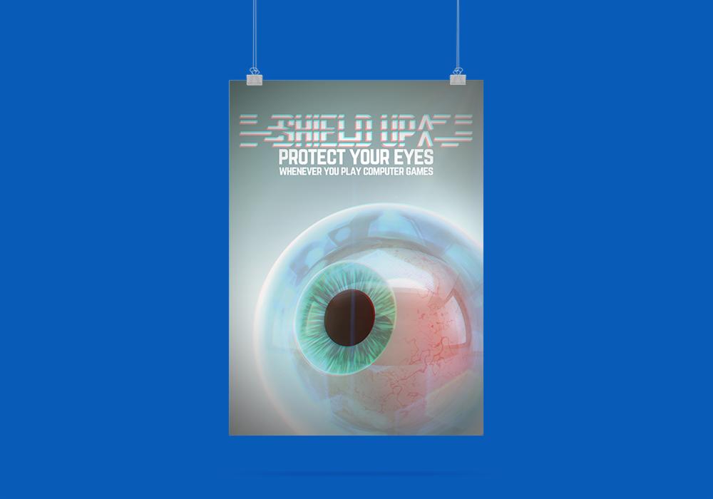 Plakat z hasłem 'Shield Up! Protect Your Eyes whenever you play computer games' i grafiką oka, zawieszony na niebieskim tle.