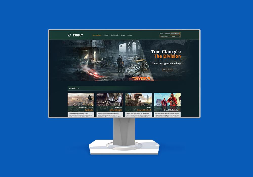 Ekran monitora prezentuje stronę internetową Fanbuy z ofertą gier, w tym Tom Clancy's: The Division, na tle niebieskiego tła.
