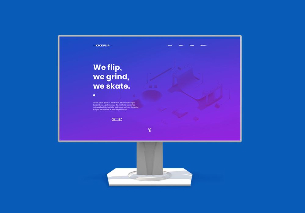 Ekran monitora prezentujący nowoczesny, fioletowo-niebieski interfejs strony internetowej z hasłem 'We flip, we grind, we skate' i abstrakcyjną grafiką skateparku.