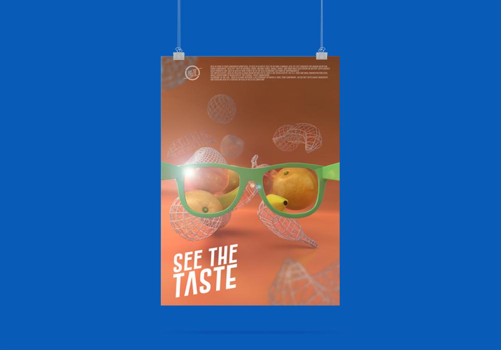 Plakat reklamowy z hasłem 'See the Taste', przedstawiający owoce widziane przez zielone okulary na pomarańczowym tle z abstrakcyjnymi siatkami