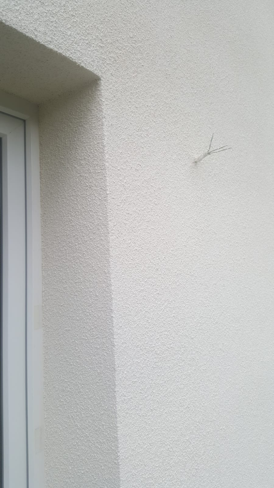 Fragment białej elewacji z fakturą baranka, narożnik okienny i przyklejony patyczek w kształcie litery Y.