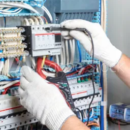 Elektryk w białych rękawicach ochronnych mierzy napięcie w rozdzielnicy za pomocą multimetru cęgowego i miernika z sondami.