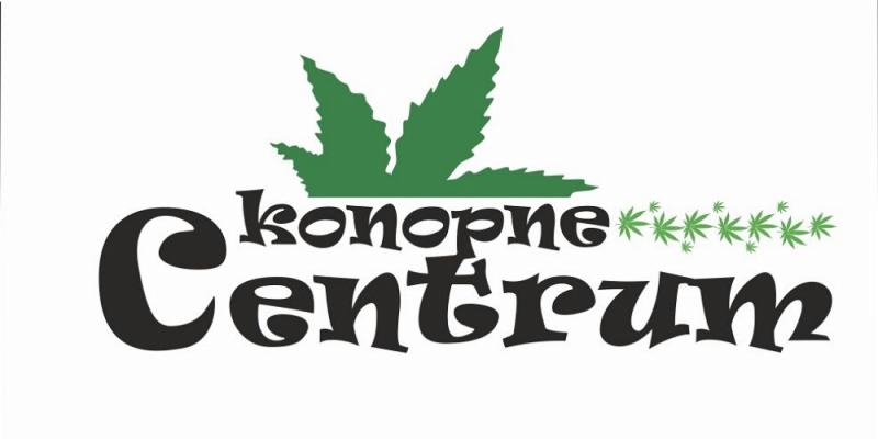 Logo firmy 'Konopne Centrum' z zielonym liściem konopi nad nazwą i rzędem mniejszych liści po prawej stronie.