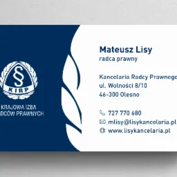 Wizytówka radcy prawnego Mateusza Lisego z logo Krajowej Izby Radców Prawnych, zawierająca dane kontaktowe kancelarii.