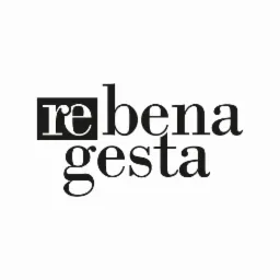 Minimalistyczne logo 'rebena gesta' w czerni na białym tle. Litera 'r' w negatywie, umieszczona w czarnym kwadracie. Klasyczna typografia, elegancki i nowoczesny design.