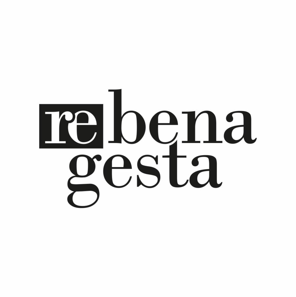Minimalistyczne logo 'rebena gesta' w czerni na białym tle. Litera 'r' w negatywie, umieszczona w czarnym kwadracie. Klasyczna typografia, elegancki i nowoczesny design.