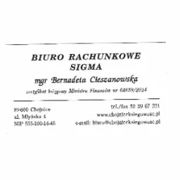 Informacje kontaktowe biura rachunkowego SIGMA: adres, telefon, e-mail i numer NIP. Certyfikat księgowy mgr Bernadety Cieszanowskiej.