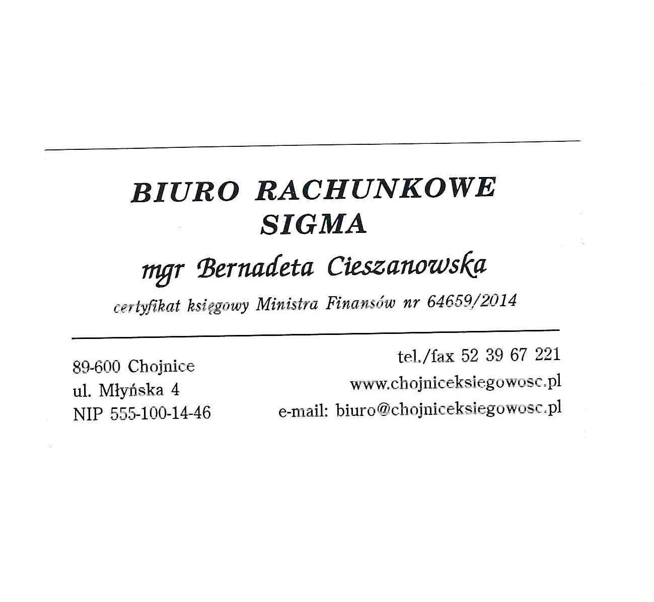 Informacje kontaktowe biura rachunkowego SIGMA: adres, telefon, e-mail i numer NIP. Certyfikat księgowy mgr Bernadety Cieszanowskiej.