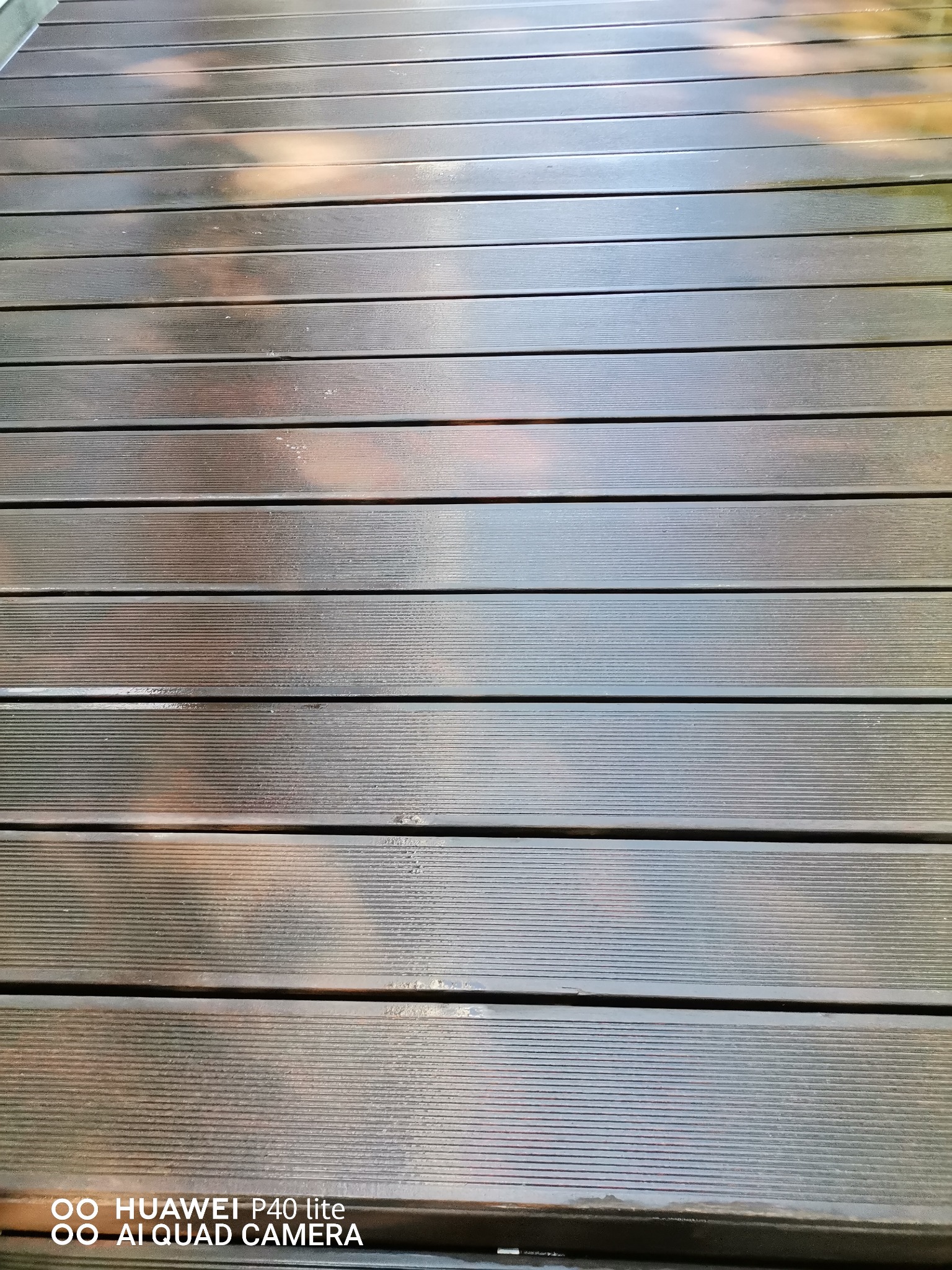 Świeżo zaimpregnowany, ciemnobrązowy drewniany taras z widocznymi smugami impregnatu i odbiciami światła słonecznego.