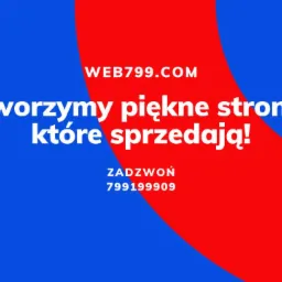 Grafika reklamowa z hasłem 'Tworzymy piękne strony, które sprzedają!', adresem internetowym WEB799.COM i numerem telefonu na niebiesko-czerwonym tle.