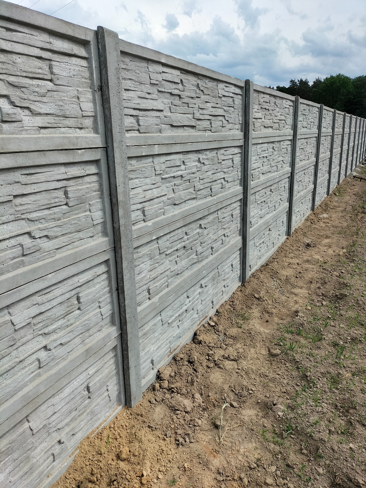 Długi, szary betonowy płot z fakturą kamienia, ustawiony wzdłuż granicy działki z widoczną ziemią i młodą trawą, w tle drzewa i pochmurne niebo.