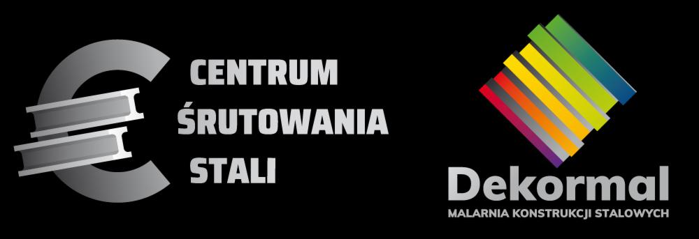 Logo firmy Centrum Śrutowania Stali i Dekormal Malarnia Konstrukcji Stalowych na czarnym tle. Logo Centrum Śrutowania Stali zawiera symbol euro z dwoma profilami stalowymi w środku. Logo Dekormal...