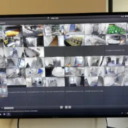 Monitor wyświetlający podgląd z wielu kamer monitoringu, niektóre kamery wyłączone, widoczny interfejs oprogramowania IVMS-4200.