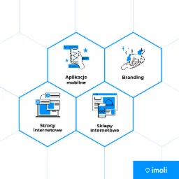 Ilustracja przedstawiająca ikony aplikacji mobilnych, stron internetowych, sklepów internetowych i branding w niebieskich heksagonach na białym tle.