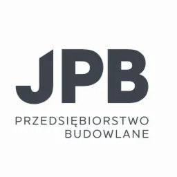 Logo firmy budowlanej JPB z ciemnoszarym napisem i tekstem 'Przedsiębiorstwo Budowlane' pod spodem.