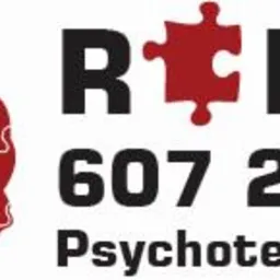 Logo firmy Reflex: stylizowany mózg z puzzli w kolorach niebieskim i czerwonym, obok nazwa firmy, numer telefonu i adres strony internetowej psychotestylowicz.pl.