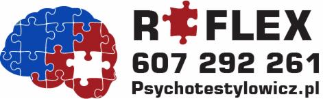 Logo firmy Reflex: stylizowany mózg z puzzli w kolorach niebieskim i czerwonym, obok nazwa firmy, numer telefonu i adres strony internetowej psychotestylowicz.pl.