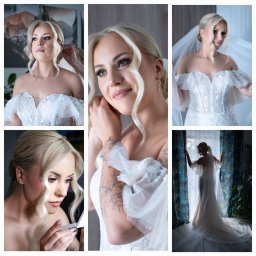 Natalia Bajor - Kolaż z pięciu zdjęć przedstawiających pannę młodą w białej sukni z welonem, ukazujących różne etapy przygotowań i portrety z bliska, z widocznymi detalami makijażu, fryzury i biżuterii.
