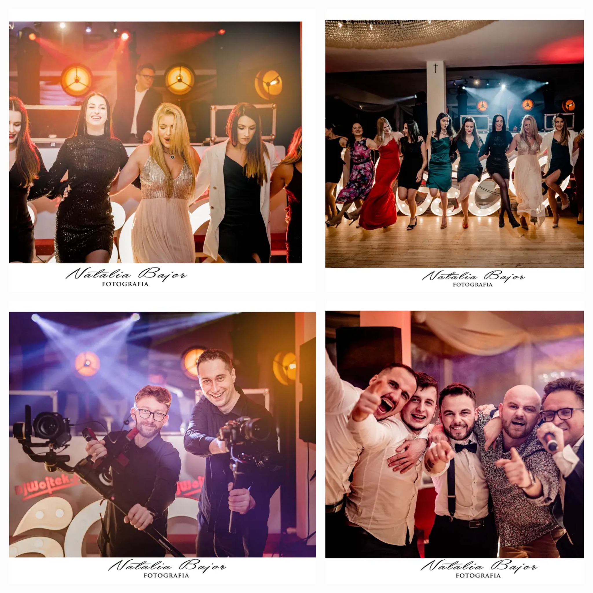 Kolaż czterech zdjęć z wesela: uśmiechnięte kobiety trzymające się za ręce na parkiecie, grupa kobiet tańczących na tle podświetlonego napisu LOVE, dwóch uśmiechniętych kamerzystów z profesjonalnym...