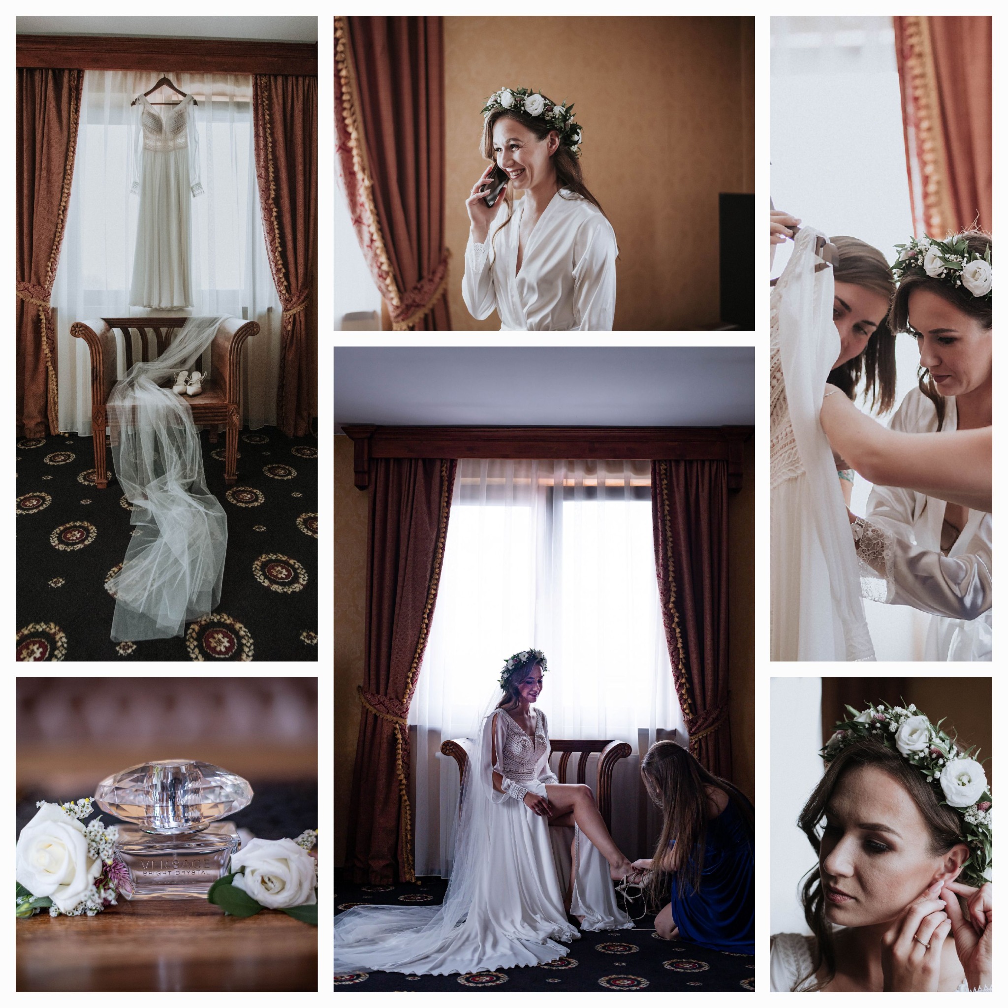Kolaż zdjęć z przygotowań do ślubu: suknia wisząca w oknie, panna młoda rozmawiająca przez telefon w szlafroku, druhny pomagające założyć suknię, perfumy Versace z białymi różami, panna młoda...