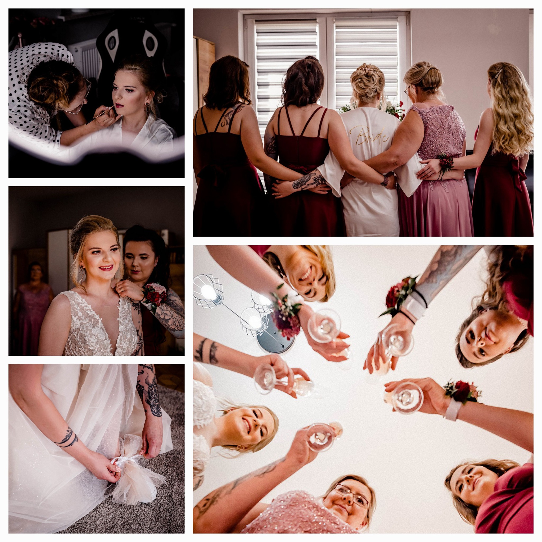 Kolaż zdjęć z przygotowań do ślubu: makijaż panny młodej, druhny w bordo sukienkach obejmujące pannę młodą w szlafroku z napisem 'Bride', panna młoda w koronkowej sukni, wiązanie podwiązki...