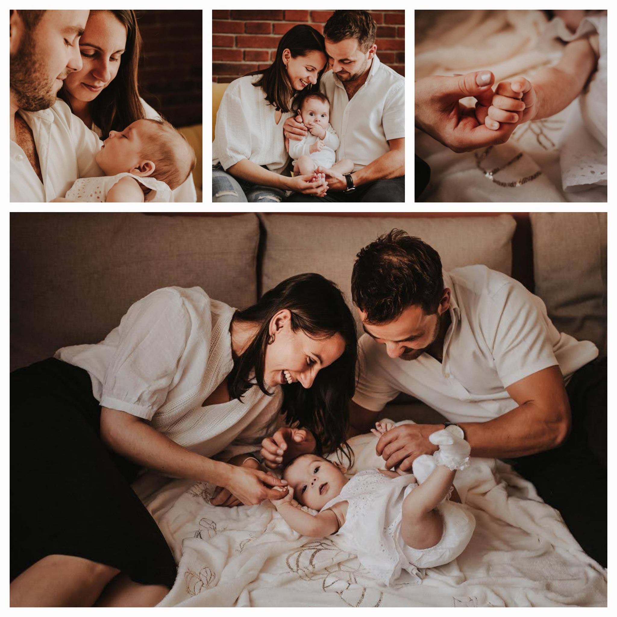 Kolaż zdjęć przedstawiających młodą rodzinę z niemowlęciem ubranym w białą sukienkę, rodzice uśmiechnięci, trzymający dziecko za ręce, ciepłe, naturalne światło.
