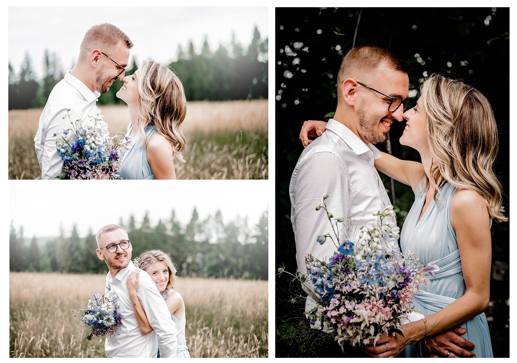 Kolaż zdjęć z sesji narzeczeńskiej: para w okularach, ona w błękitnej sukience, trzyma bukiet polnych kwiatów, zbliżenie twarzy i uśmiech w plenerze.