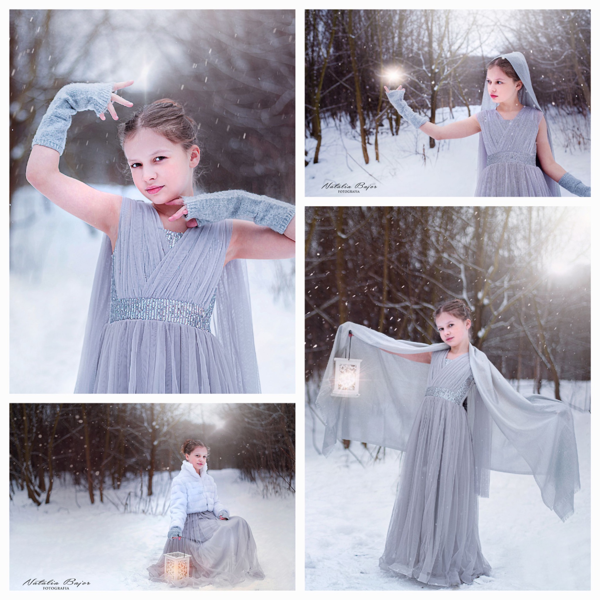 Montaż zdjęć dziewczynki w szarej sukni i rękawiczkach na tle zimowego krajobrazu, z efektem opadającego śniegu i rozbłyskami światła.