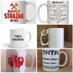 Zestaw sześciu białych kubków z różnymi nadrukami: 'Najlepszy Strażak we wsi', dedykacja miłosna, 'Twój Nadruk', kubek z uchwytem w kształcie piłki nożnej, kubek z rysunkiem i sercami oraz kubek...