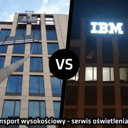 Transport wysokościowy logo IBM oraz serwis oświetlenia.