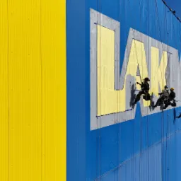 Zespół alpinistów przemysłowych odnawia logo firmy LAMKA na elewacji budynku, widoczne liny, uprzęże i narzędzia malarskie, tło stanowi niebiesko-żółta ściana oraz oddalony krajobraz z drzewami...