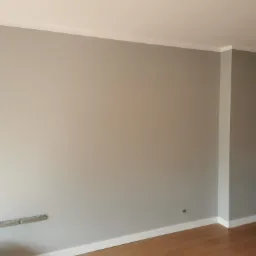 Świeżo pomalowane, szare wnętrze z białymi listwami przypodłogowymi i sufitowymi. Widoczny fragment metalowej szyny na ścianie oraz gniazdko elektryczne bez osprzętu.