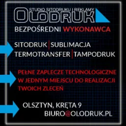 Studio sitodruku i reklamy OLOdruk z Olsztyna: sitodruk, sublimacja, termotransfer, tampodruk. Bezpośredni wykonawca z pełnym zapleczem technologicznym.
