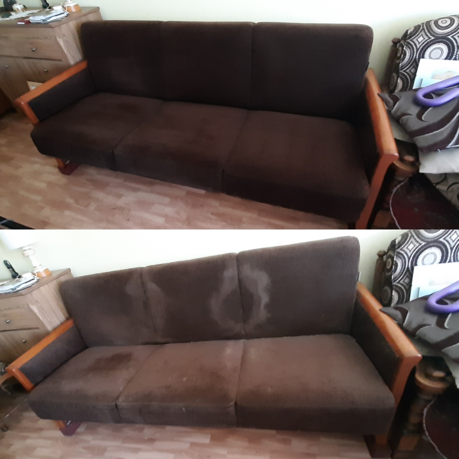 Porównanie sofy z brązową tapicerką przed i po czyszczeniu, widoczne plamy usunięte po prawej stronie zdjęcia.