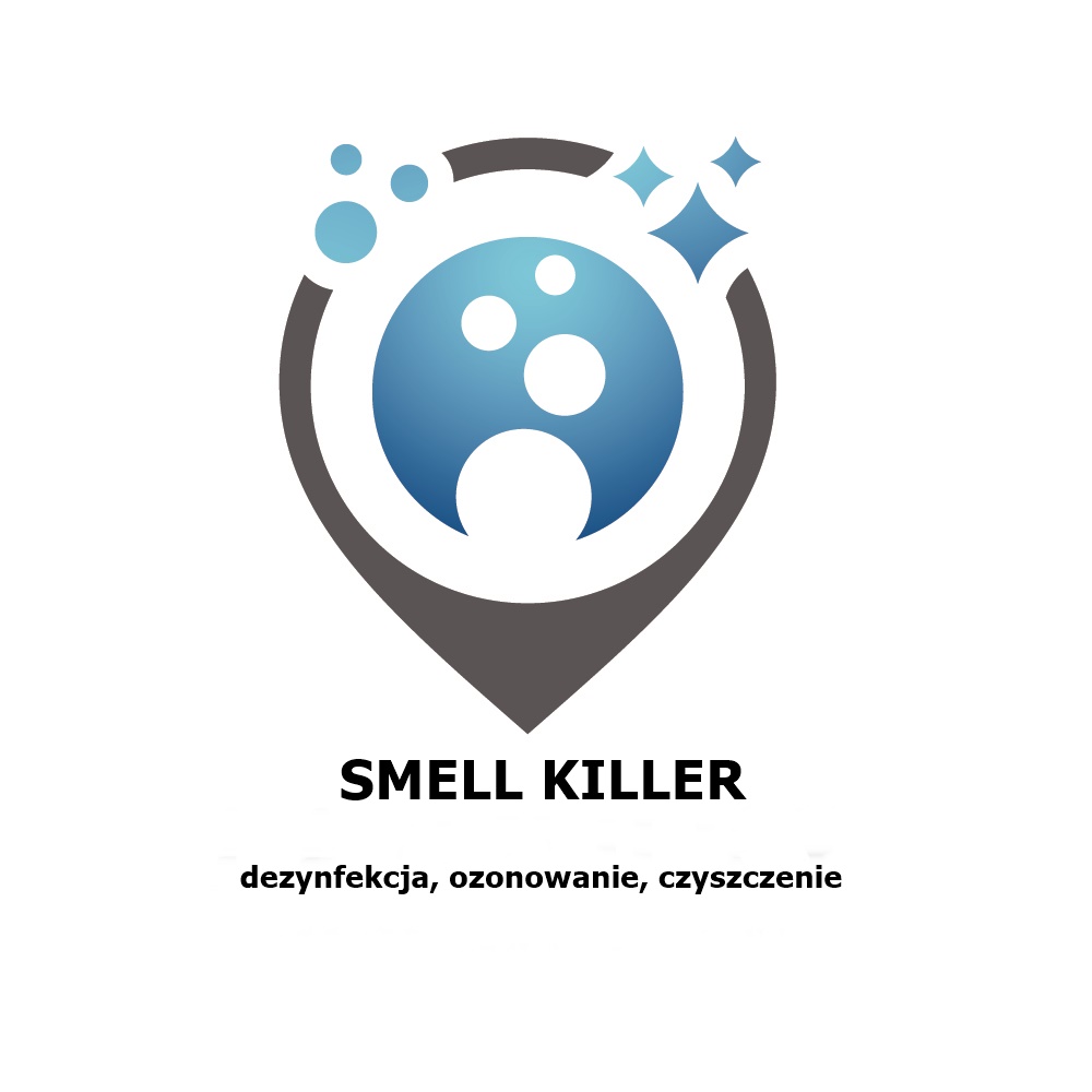 Logo firmy Smell Killer z ikoną lokalizacji w odcieniach szarości i niebieskiego, symbolizującej dezynfekcję, ozonowanie i czyszczenie.