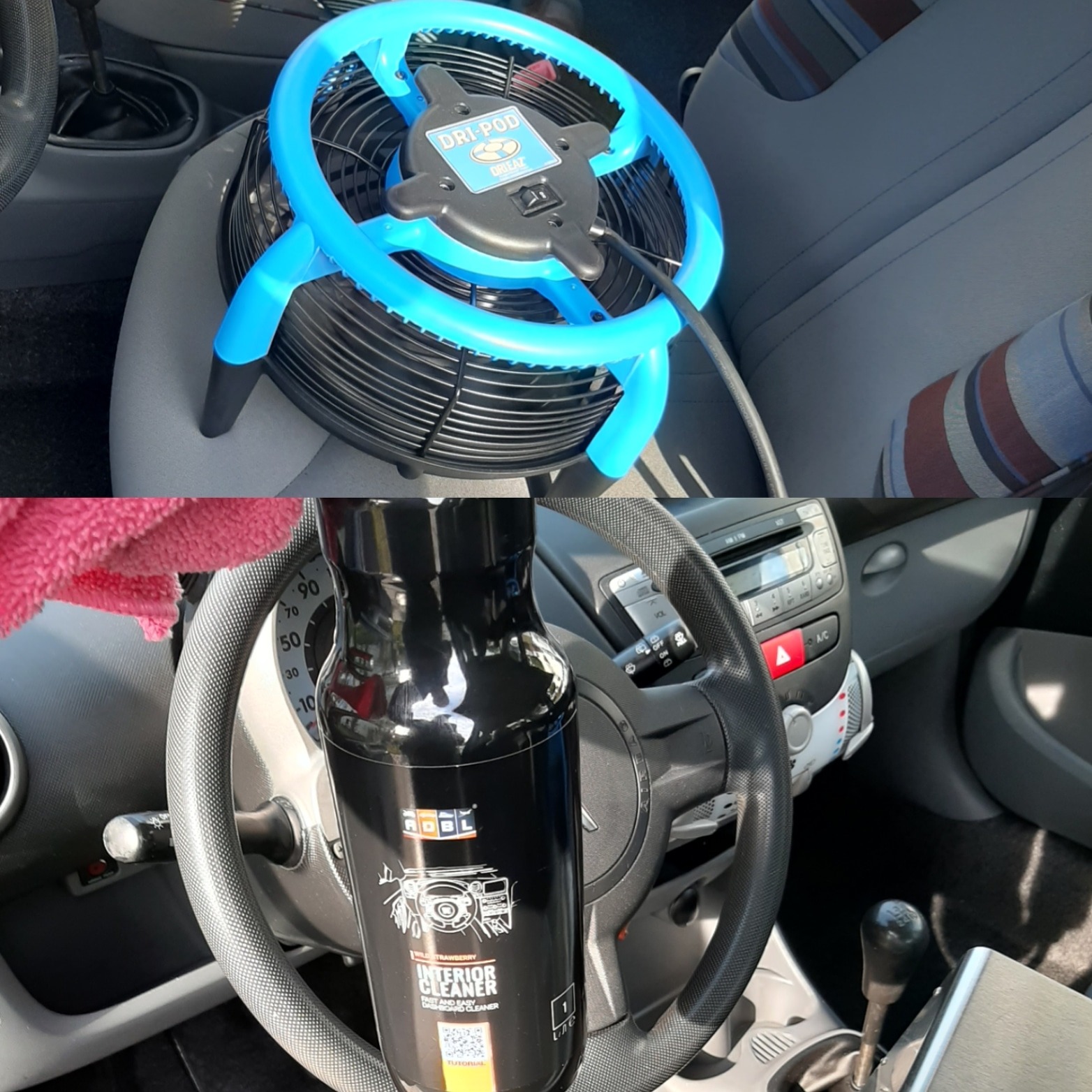 Wnętrze samochodu z niebieskim wentylatorem osuszającym na siedzeniu i butelką środka do czyszczenia wnętrz na kierownicy, z widoczną deską rozdzielczą i dźwignią zmiany biegów.