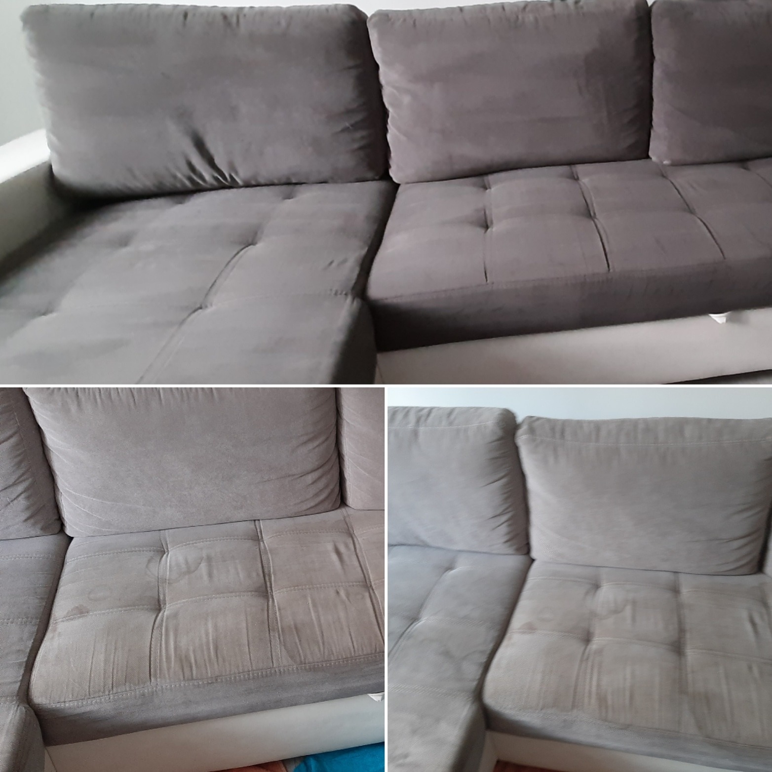 Częściowo wyczyszczona, szara kanapa narożna z widoczną różnicą w kolorze tapicerki przed i po czyszczeniu, ukazująca skuteczność zabiegu.