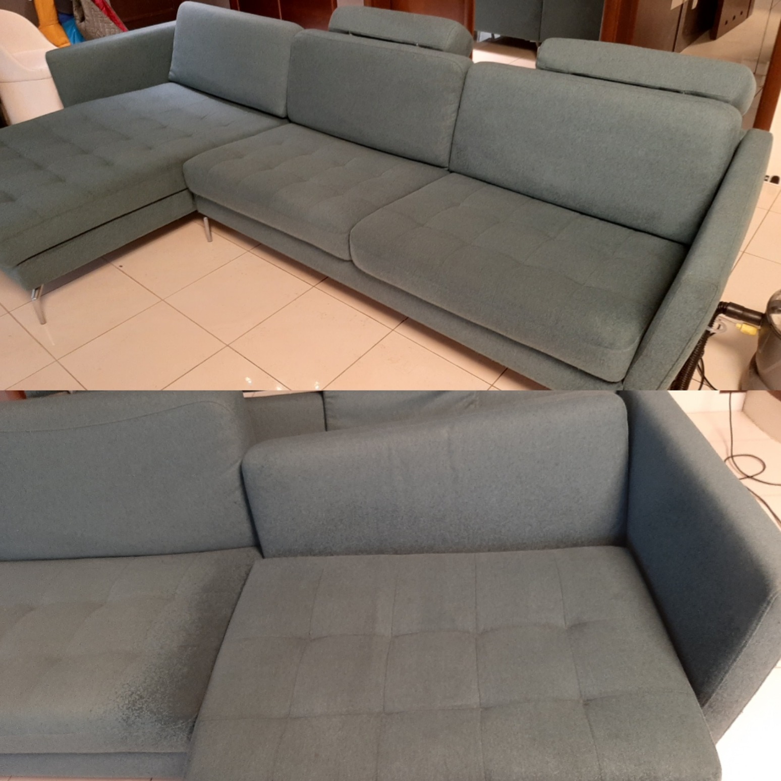 Dwuczęściowe ujęcie sofy narożnej z szarej tkaniny; górna część pokazuje sofę przed i po praniu, z widocznym efektem czyszczenia na lewej stronie; dolna część przedstawia zbliżenie czystej części...