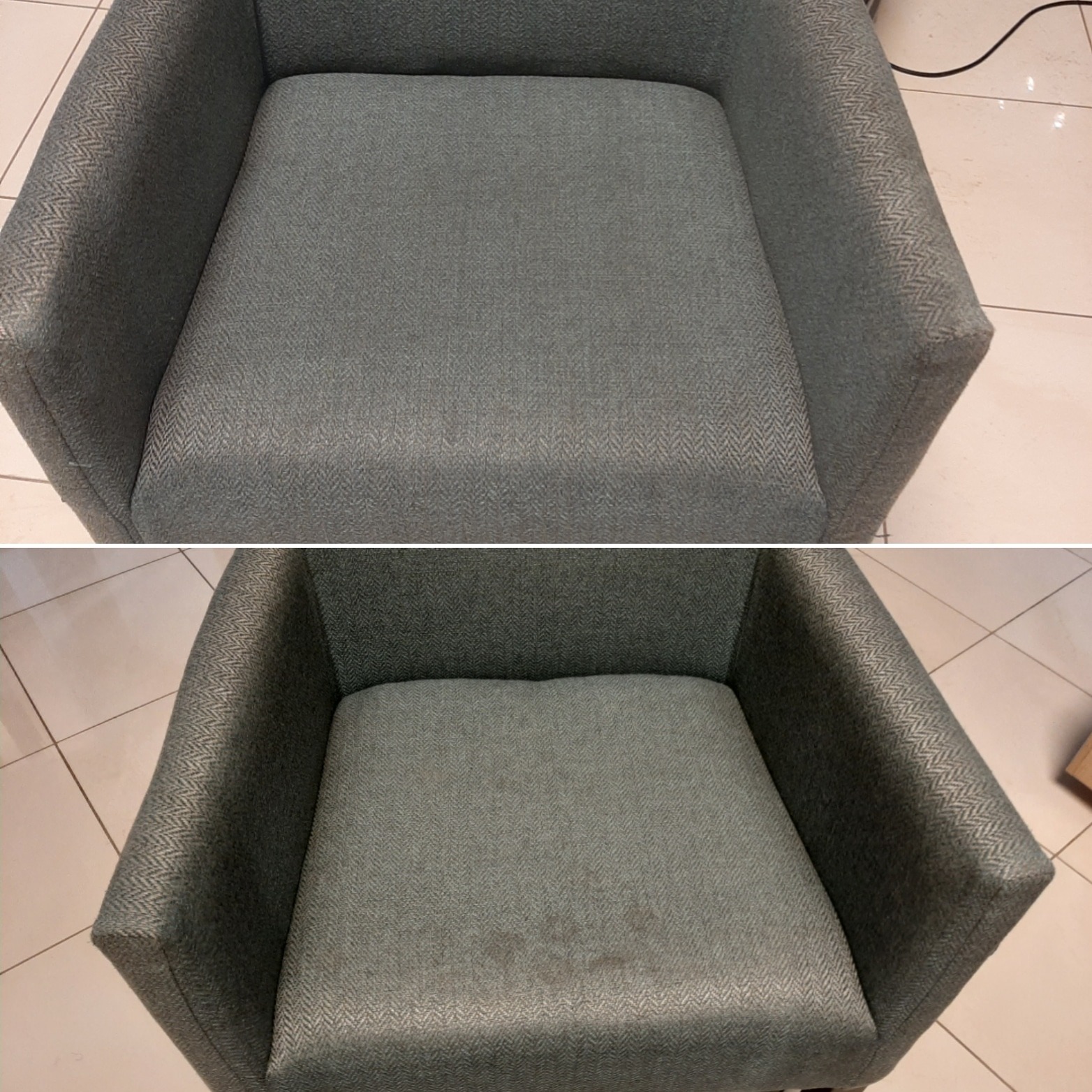 Krzesło tapicerowane w odcieniach szarości, w górnej części po czyszczeniu, w dolnej z widocznymi plamami przed czyszczeniem, ukazujące efekt usługi.