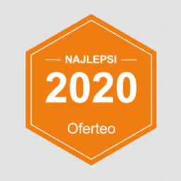 Pomarańczowa odznaka Oferteo z napisem 'Najlepsi 2020' w białej obwódce na szarym tle.