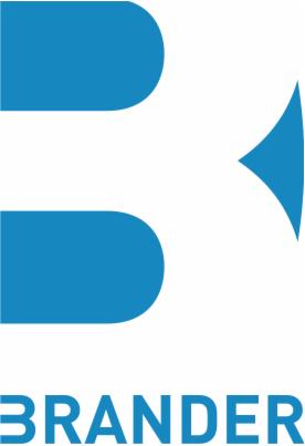 Niebieskie logo z abstrakcyjnym symbolem litery B i strzałką, podpisane słowem 'BRANDER'.