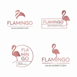 Cztery warianty logo salonu kosmetycznego 'Flamingo' w odcieniach różu, prezentujące stylizowanego flaminga w różnych kompozycjach graficznych.