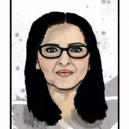 Ilustracja portretowa kobiety w okularach, z czarnymi włosami i niebieskimi oczami, na rozmytym, plamistym tle.