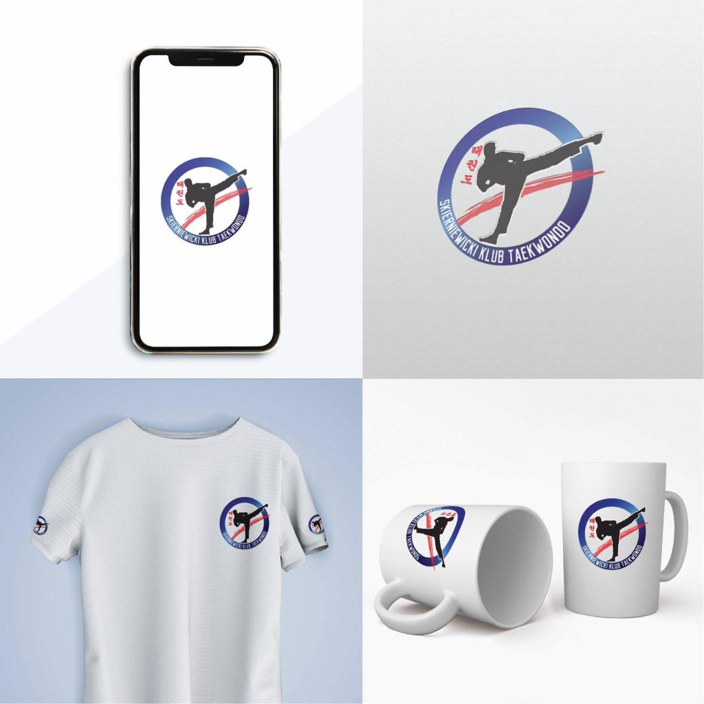 Mockupy prezentujące logo klubu taekwondo na smartfonie, papierze, koszulce i kubku, z widocznym motywem sylwetki zawodnika w dynamicznej pozie.