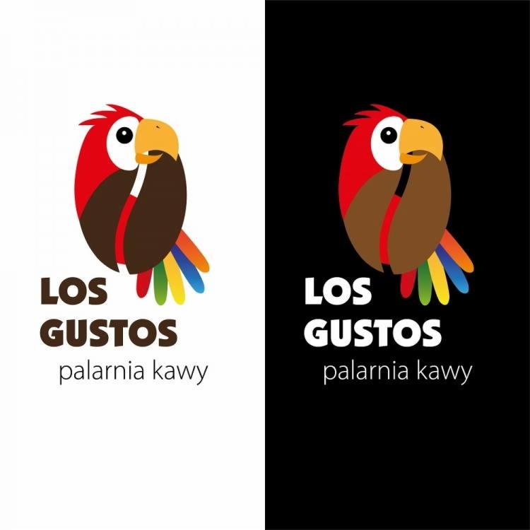 Logo palarni kawy Los Gustos przedstawia stylizowaną papugę z elementami w kolorach kawy, umieszczone na białym i czarnym tle.