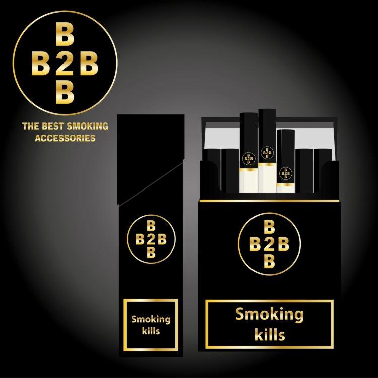 Grafika prezentująca czarne opakowania na akcesoria do palenia z logo B2B w złotym okręgu i napisem 'Smoking kills' w złotym prostokącie, na czarnym tle.