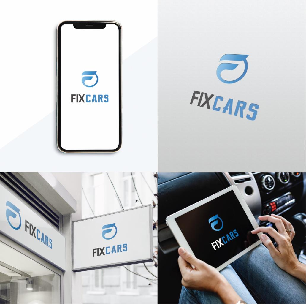 Kompozycja prezentująca logo 'FIXCARS' na smartfonie, tablecie, budynku i w prezentacji graficznej, z użyciem niebieskiego gradientu i nowoczesnej typografii.
